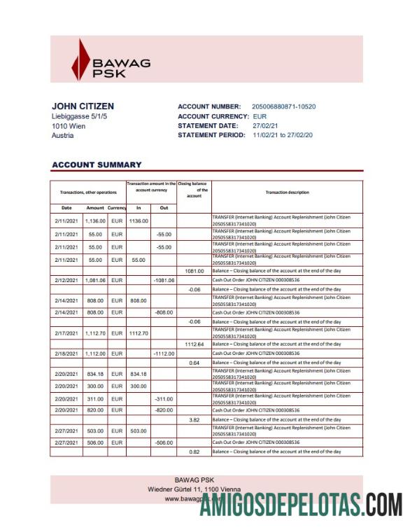 Extrato bancário realista da Áustria BAWAG PSK modelo fácil de preencher em formato Excel e PDF